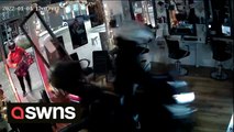 HAIR-RAISING RAM RAID - Smash and grab yobs caught on CCTV ploughing into hair salon on moped before stealing curlers and hair straighteners