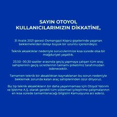 Yılbaşı gecesi Osmangazi Köprü'sünde bekletilen araçlardan ücret alınmayacak