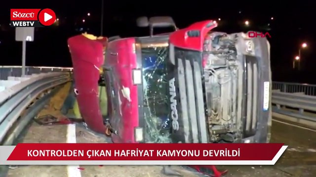 Beykoz’da kontrolden çıkan hafriyat kamyonu devrildi