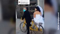 Padre conmueve al llevar a su hija vestida de novia en bicicleta a su matrimonio