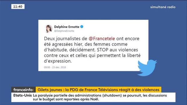 Gilets jaunes : Delphine Ernotte demande l'arrêt des agressions contre les journalistes