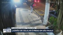 Um mês depois do crime, a polícia prendeu o criminoso flagrado dando um mata-leão pra roubar o celular de uma vítima em São Paulo.