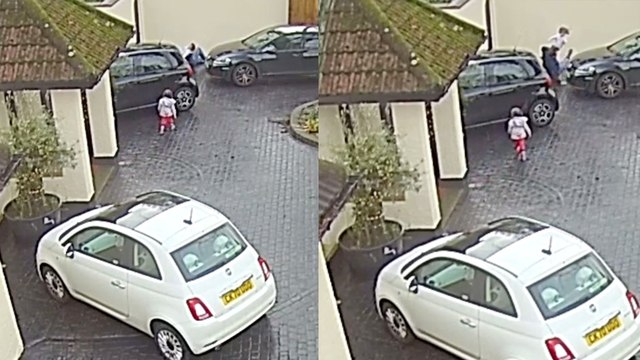 'Security camera catches man falling over while walking down slippery driveway '