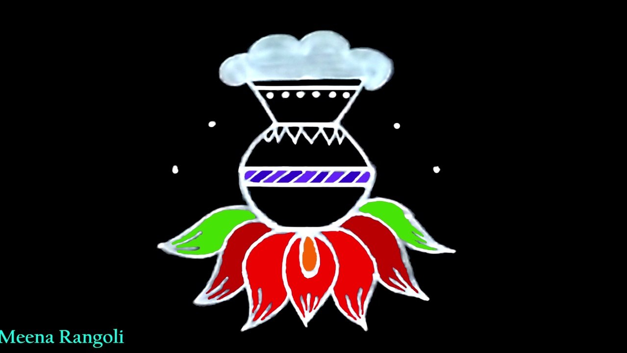sankranthi pot rangoli design with lotus flower - pongal kolam - sankranthi muggulu - festival rangoli