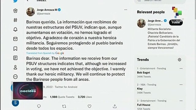 Jorge Arreaza recognizes opposition victory in Barinas elections