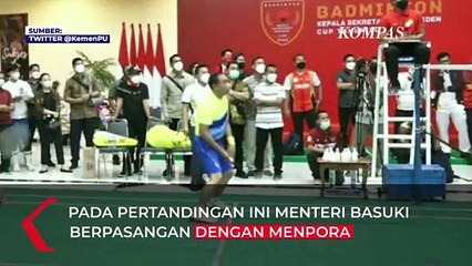 Aksi Kocak Menteri Basuki Main Badminton Lawan Mensesneg dan Kepala BKPM, Jadi Juara!