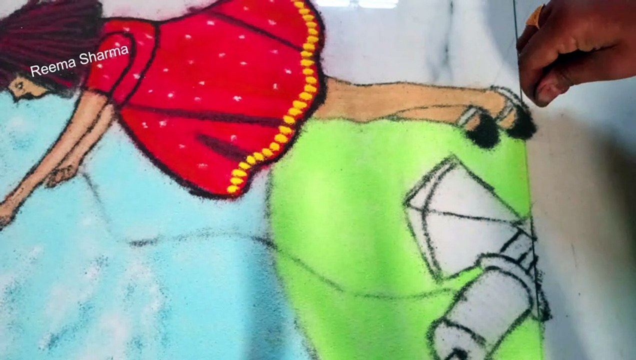 मकर संक्रान्ति के अवसर पर छोटी सी प्यारी रंगोली, Cute Girl Fiying Kite rangoli for Makar Sankranti