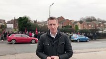 Dan Jarvis joins striking Stagecoach bus drivers on the picket line at Wakefield Road, Barnsley today.