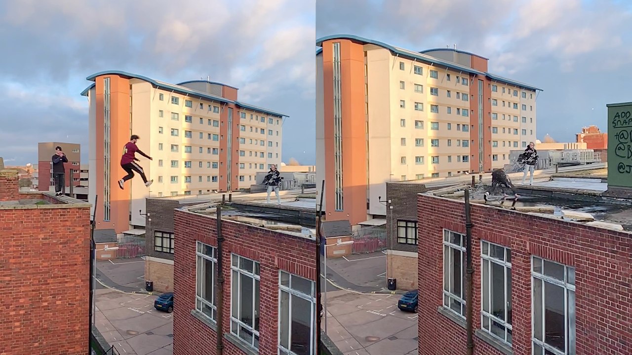 'Parkour expert ends up in a puddle right after performing INSANE roof jump '