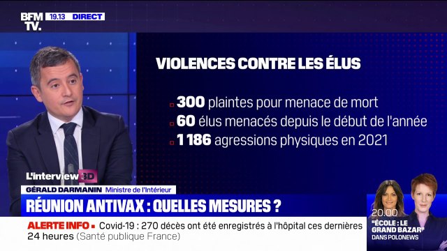 Gérald Darmanin: On peut penser que c'est trois-quarts des plaintes déposées par des élus qui sont liées à des agressions de la part des antivax