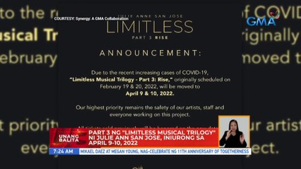 Part 3 ng "Limitless Musical Trilogy" ni Julie Ann San Jose, iniurong sa April 9-10, 2022 | UB
