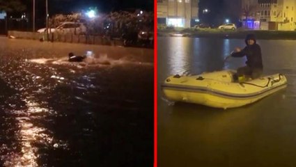 Antalya'da kuvvetli yağmurun ardından vatandaşlar gölete dönen boş arazide kürek çekti