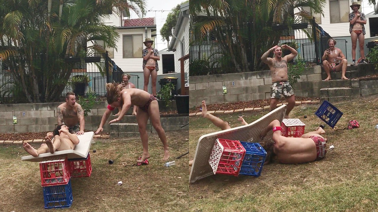 'Tipsy guy SPLATS down onto the ground after messing up a high-flying WWE move'