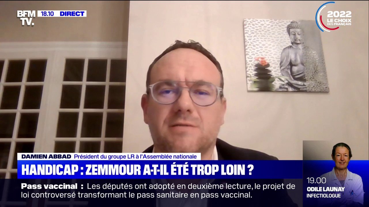 "Je me minimise pas ses propos": Damien Abbad "attend des excuses" d'Éric Zemmour après ses propos sur les enfants handicapés