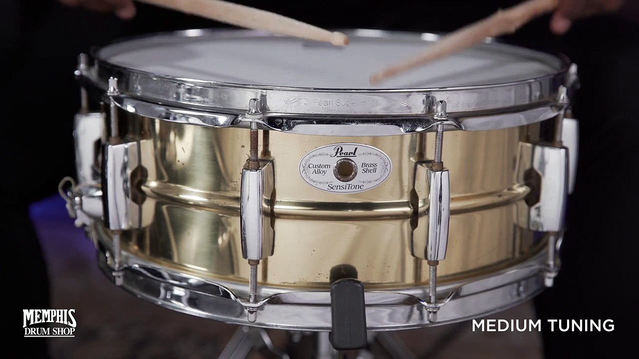 1997 - 2006 Pearl 5x14 10-Lugged SensiTone Custom Alloy Beaded Yellow Brass Metal Snare Drum [Memphis Drum Shop]