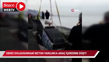Rize’de deniz dolgusundaki beton yarılınca araç içerisine düştü
