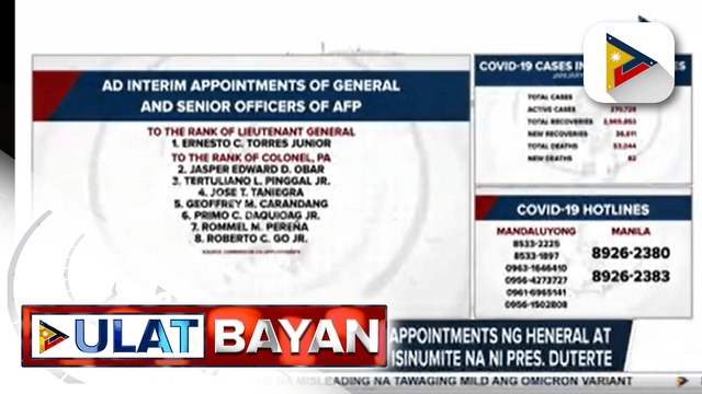 Kumpirmasyon ng ad interim appointments ng heneral at ilang senior officers ng AFP, isinumite na ni Pres. Duterte sa CA; Nominasyon ng isang Commissioner ng COA, isinumite na rin