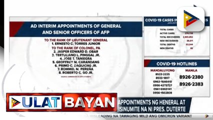 Kumpirmasyon ng ad interim appointments ng heneral at ilang senior officers ng AFP, isinumite na ni Pres. Duterte sa CA; Nominasyon ng isang Commissioner ng COA, isinumite na rin
