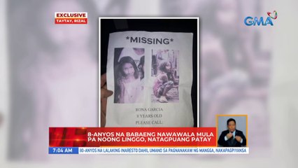 8-anyos na babaeng nawawala mula pa noong Linggo, natagpuang patay | UB