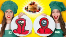 PANCAKE ART CHALLENGE Who Draws Better Take The Prize!The Squid Game in Real Life by 123 GO! FOOD