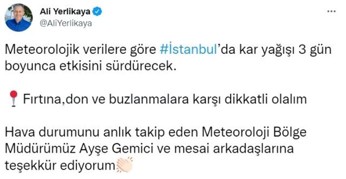 İstanbul Valisi Ali Yerlikaya sosyal medya hesabından kar yağışı ile ilgili paylaşım yaptı