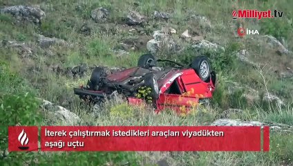 İterek çalıştırmak istedikleri araçları viyadükten aşağı uçtu