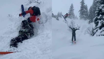 'Skiing buddies bump into each other while heading down a puffy hill'