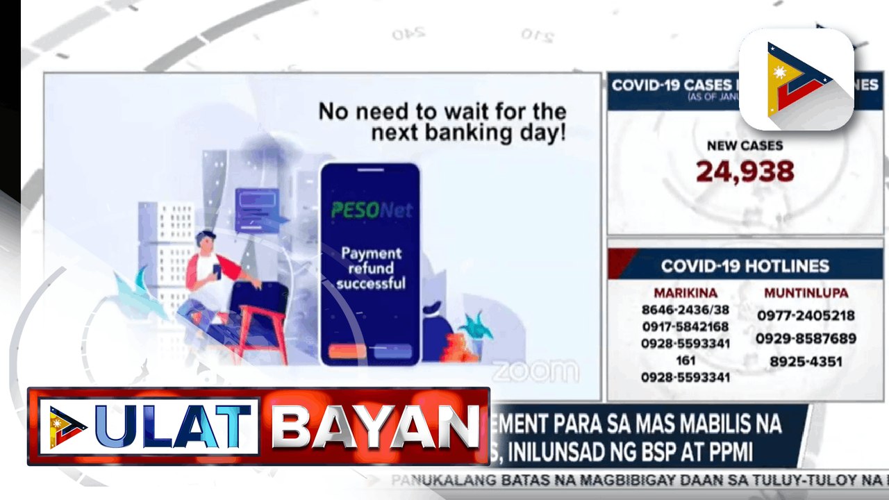NEDA, nanawagan ng kooperasyon ng public at private sector para sa mas mabilis na economic recovery - PESONet multi-batch settlement para sa mas mabilis na online transfer of funds, inilunsad ng BSP at PPMI - Ilang grupo ng mga doktor, umapela kay Pres. D
