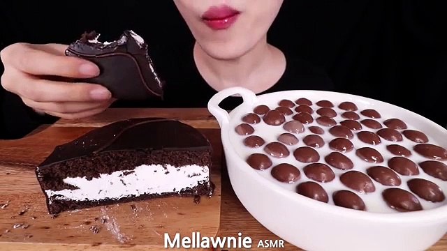 ASMR mukbang eating chocolate cake, maltesers, ice cream, marshmallow