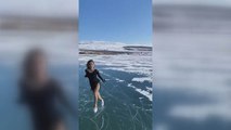 Milli sporcudan Çıldır gölünde buz pateni gösterisi