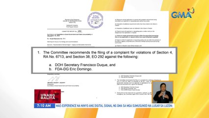 Rekomendasyon para kasuhan sina Sec. Duque at ex-FDA Dir. Domingo, binawi | UB