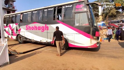 Shohagh Bus and Unloading in Daulatdia Paturia Ferry Ghat in Bangladesh