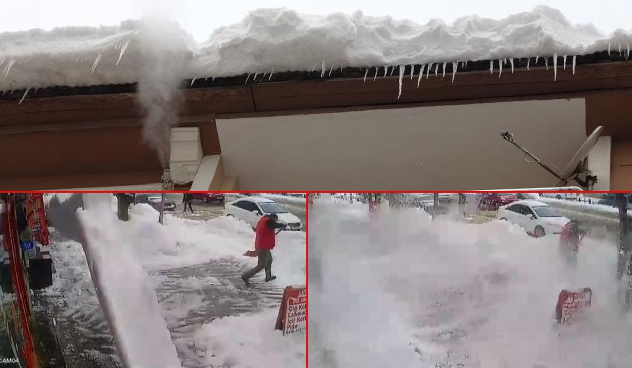 İşyerinin önünü temizlerken tonlarca karın altında kalmaktan saniyelerle kurtuldu