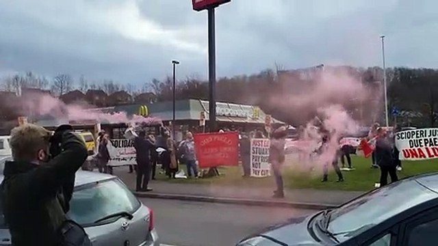 IWGB Couriers Sheffield - Yesterday's McDonald's shut down. Couriers and supporters closed the drive thru. If key clients of Stuart Delivery want to hit our incomes with pay cuts it's only fair we return the favour (Twitter - @SYorksCouriers)