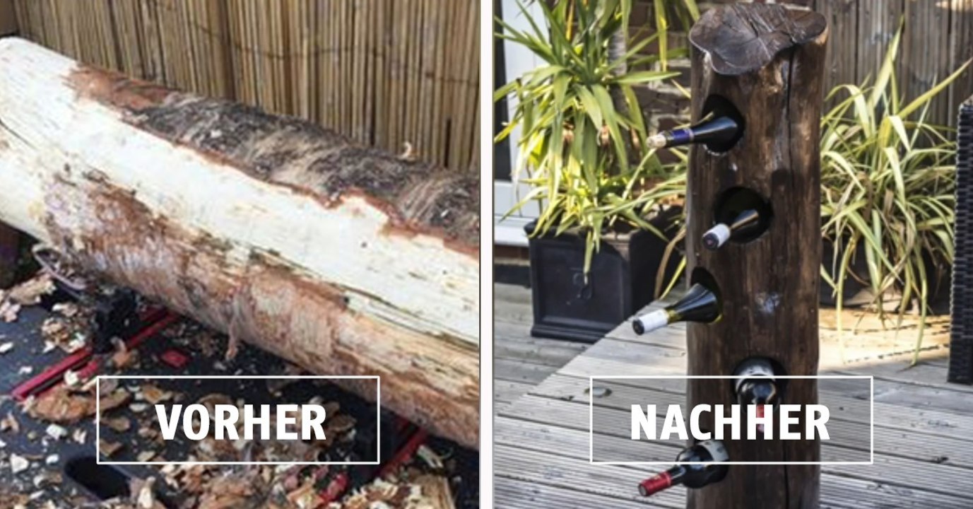 DIY: Ein Weinregal aus einem Baumstamm bauen