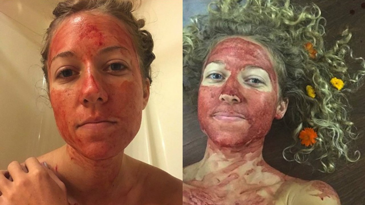 Aus einem bestimmten Grund schmiert sie sich Menstruationsblut ins Gesicht