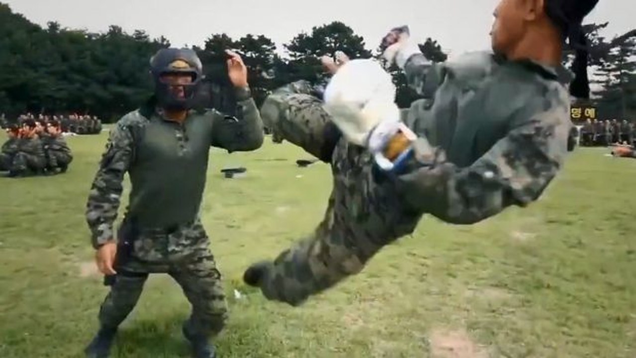 Asiatische Soldaten stellen ihre Kraft und Kampfkunst unter Beweis