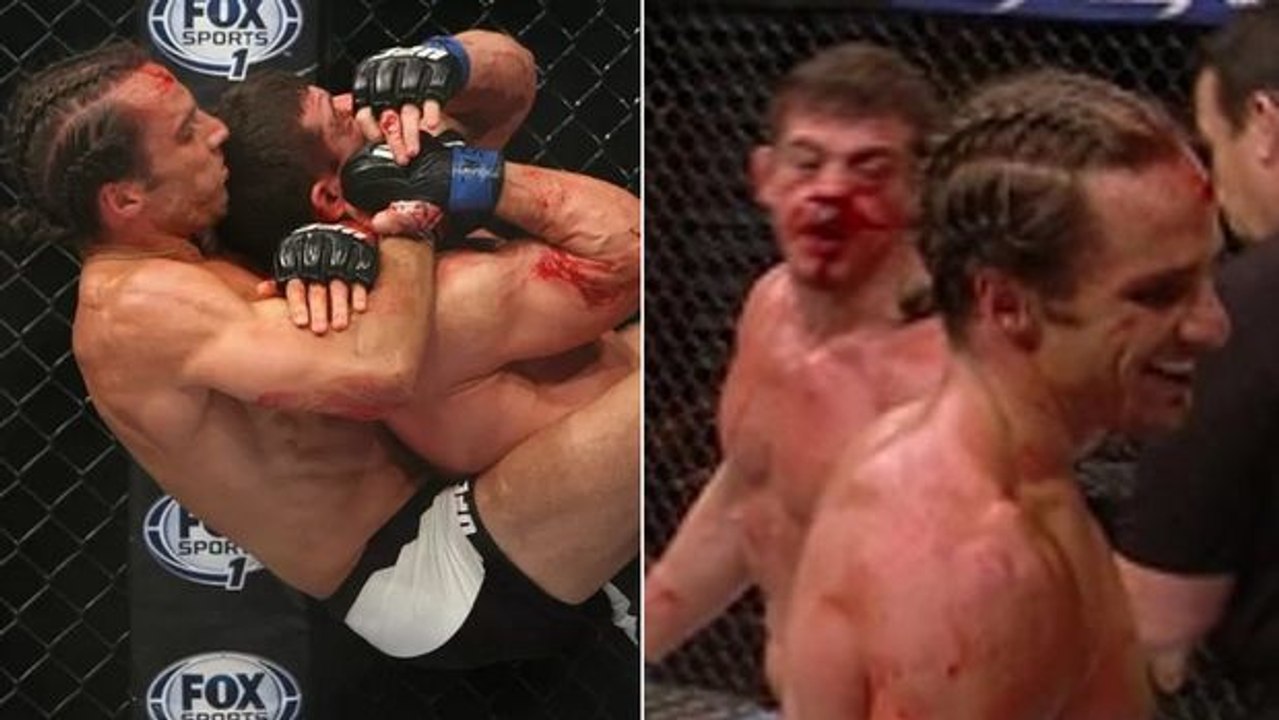 Von seiner Niederlage enttäuscht, spuckt Caio Magalhaes mit Blut auf Josh Samman