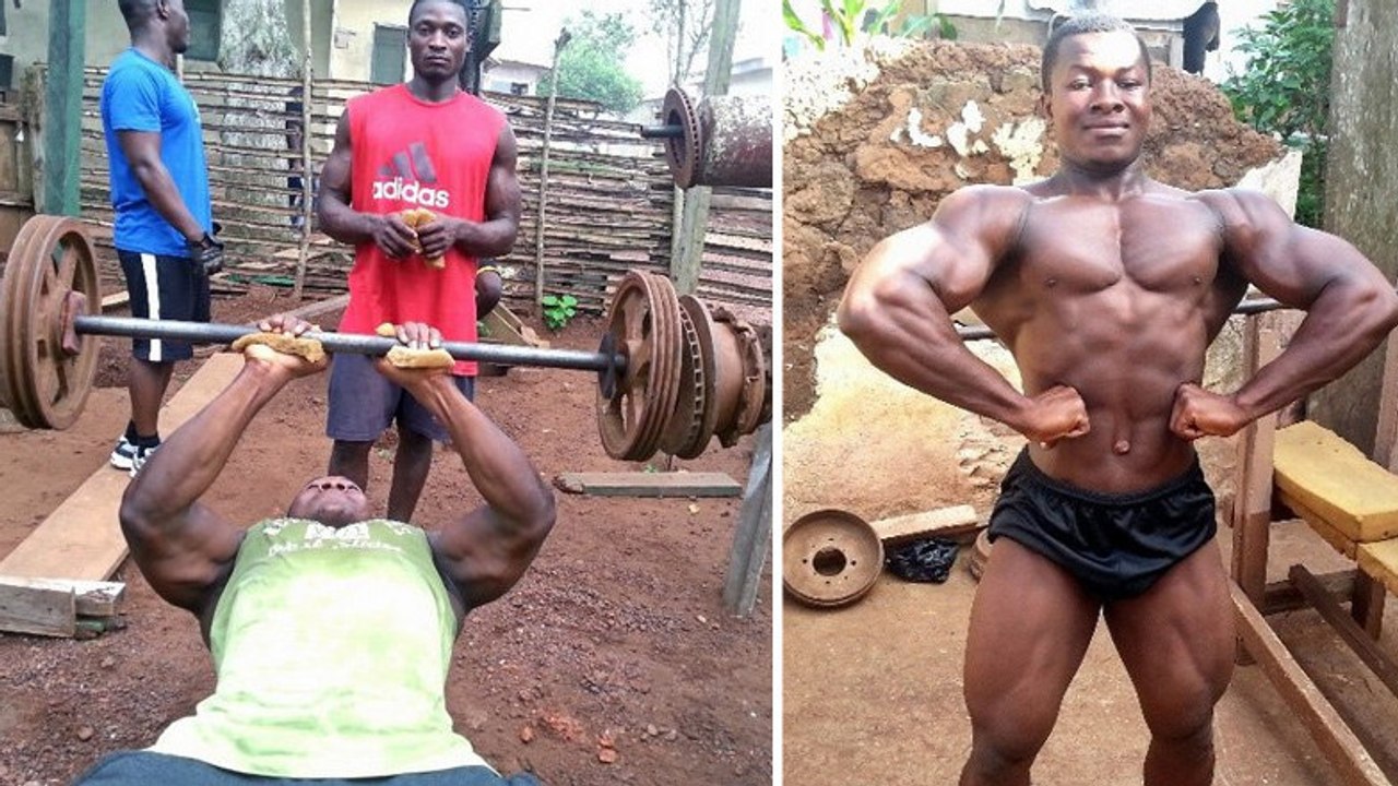 Kulbila Samson, ein Bodybuilder aus Ghana, kommt mit Behelfsmaterial zu beeindruckenden Ergebnissen
