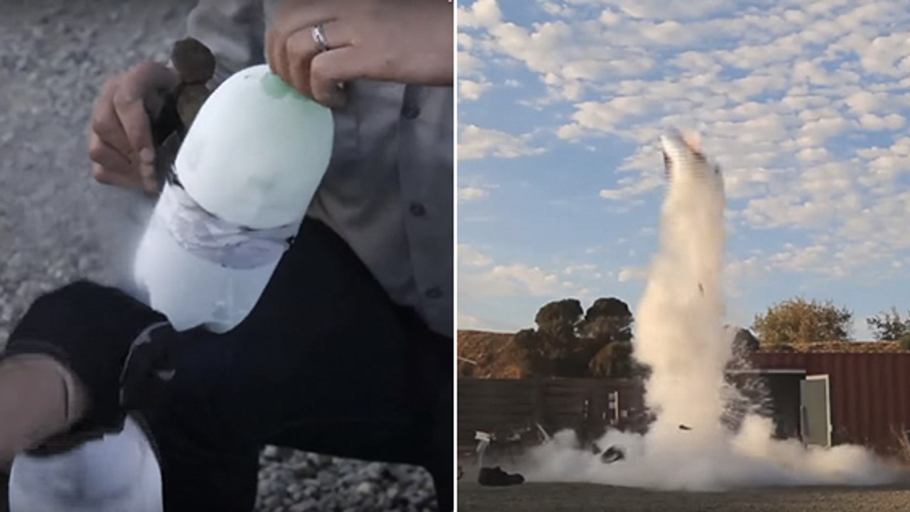 Deux hommes tentent de faire décoller une ''fusée'' avec de l'azote liquide