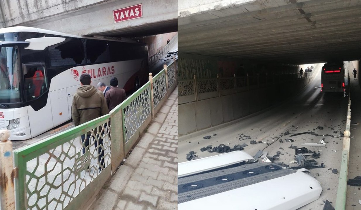 Yolcu otobüsü alt geçitte sıkıştı