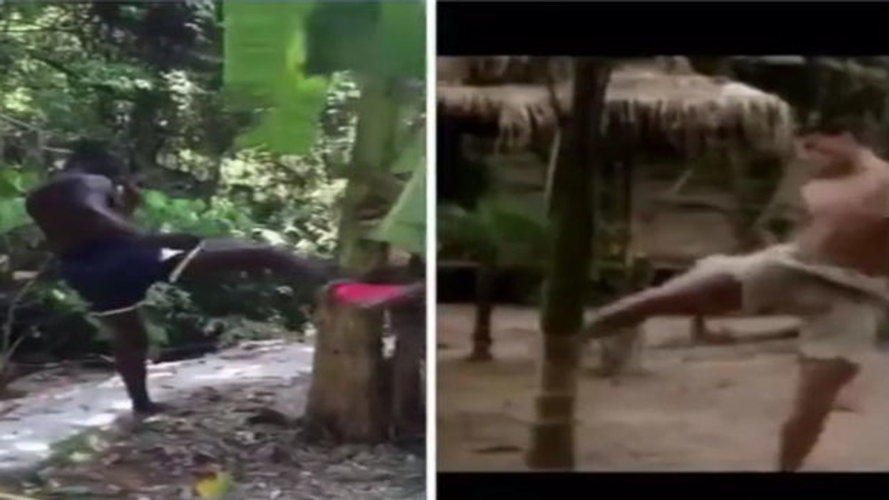 Patrice Quarteron tritt gegen einen Bananenbaum wie Jean-Claude Van Damme im "Karate Tiger 3 - Der Kickboxer"