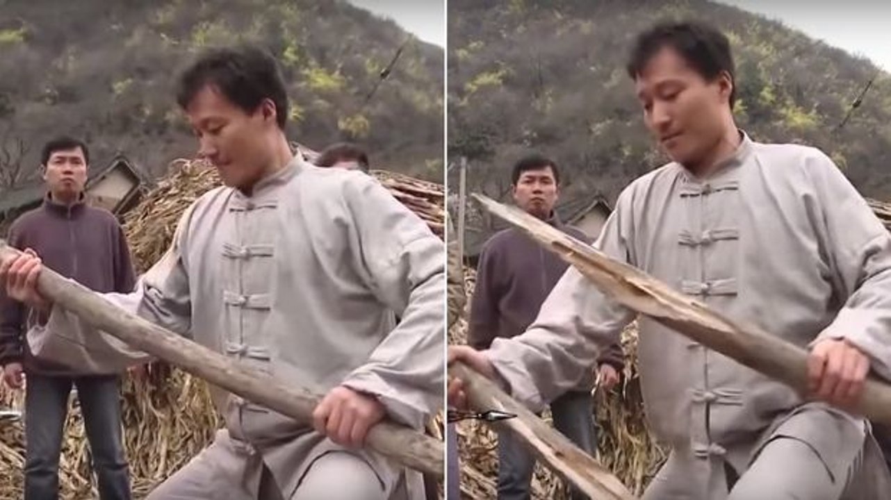 Dieser Kampfkunst-Meister zersplittert einen dicken Holzbalken mit bloßen Händen