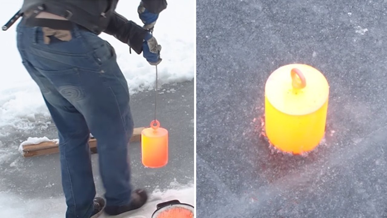 Mann stellt glühenden Metallblock auf dickes Eis: Was die Kamera von unten filmt, ist atemberaubend!