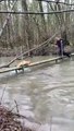 Un chien sympa vient en aide à un autre chien qui va tomber dans une rivière !