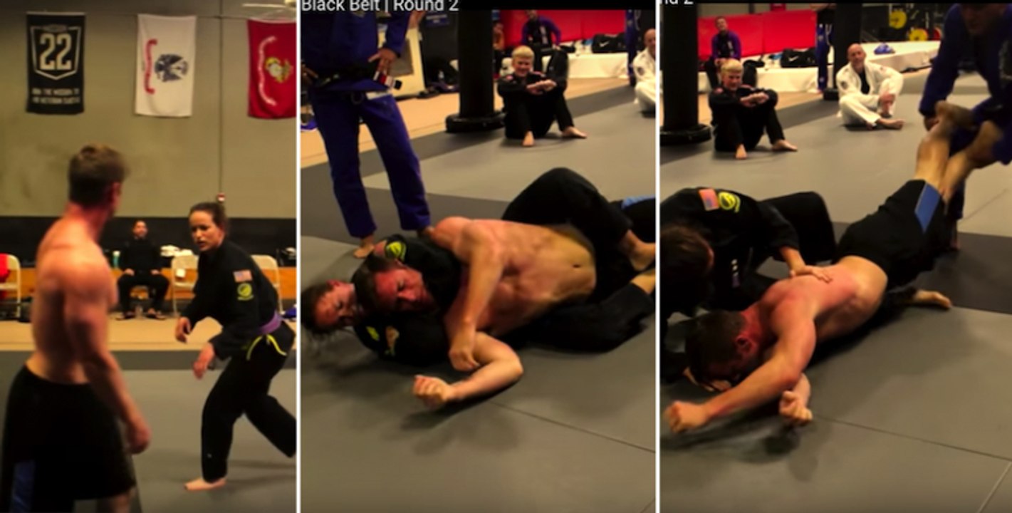 Dieser bodybuilder ist etwas zu selbstbewusst und wird von einer jiu-jitsu-expertin fertiggemacht