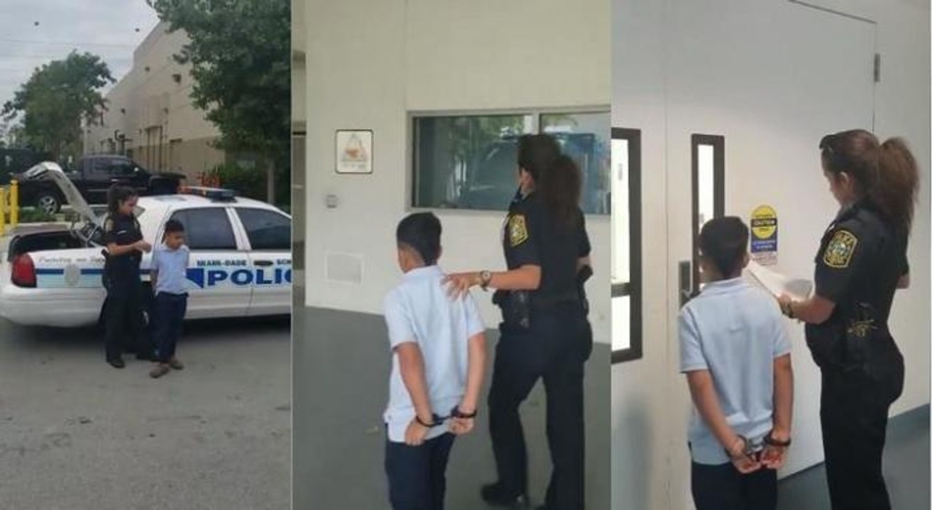7-Jähriger wird in Handfesseln abgeführt, nachdem er seine Lehrerin angreift