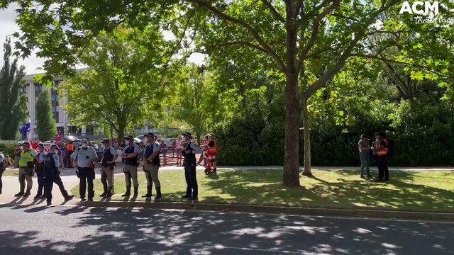 Police form a line to stop interstate anti-vaccine mandate protesters joining the illegal campsite | February 3, 2022 | Canberra Times