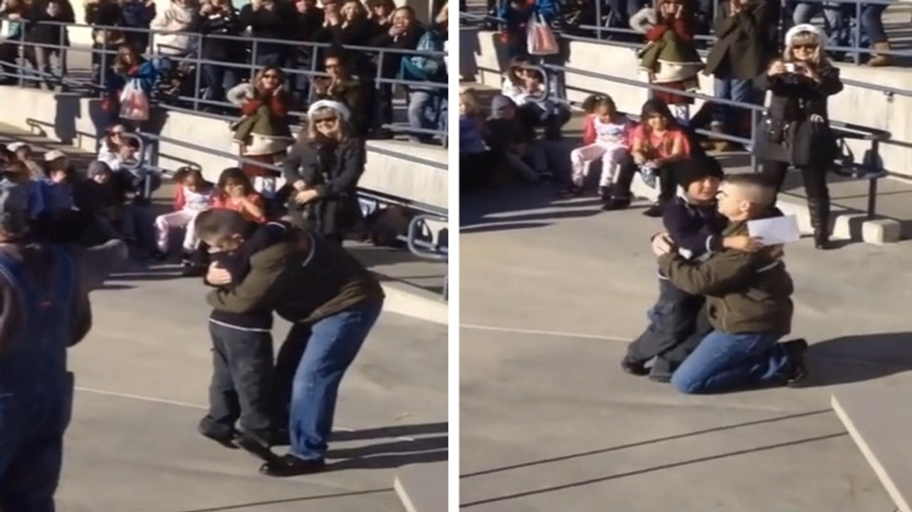 Ce garçon n'a pas vu son père depuis de longs mois. Mais il va recevoir le plus beau des cadeaux de Noël