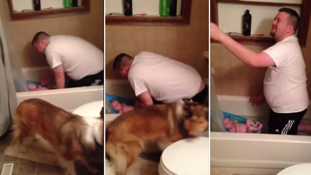 Ce papa a une drôle d'habitude quand il fait prendre son bain à son bébé. Et sa femme a tout filmé